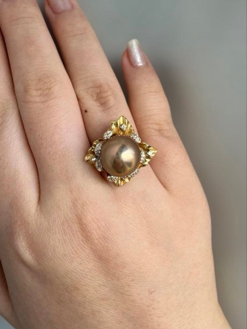 【極光13mm】エジソンパール リング カフェゴールド 18K鍍金 華やか