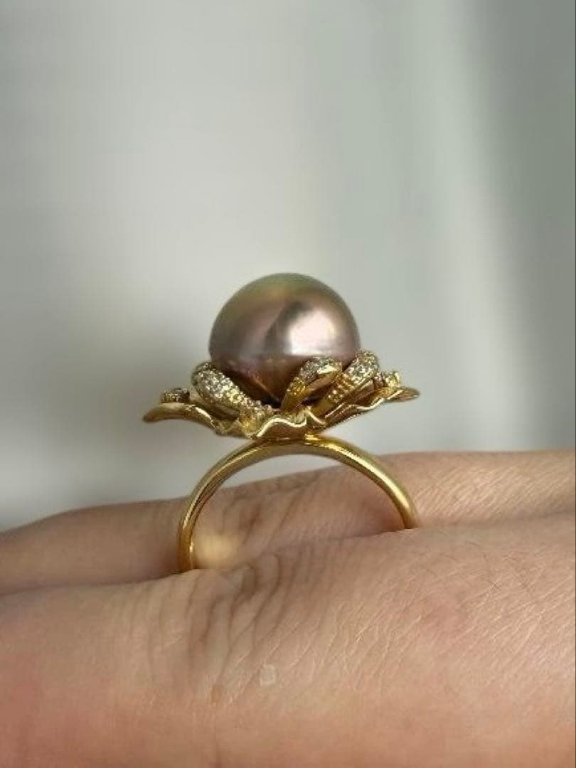 【極光13mm】エジソンパール リング カフェゴールド 18K鍍金 華やか