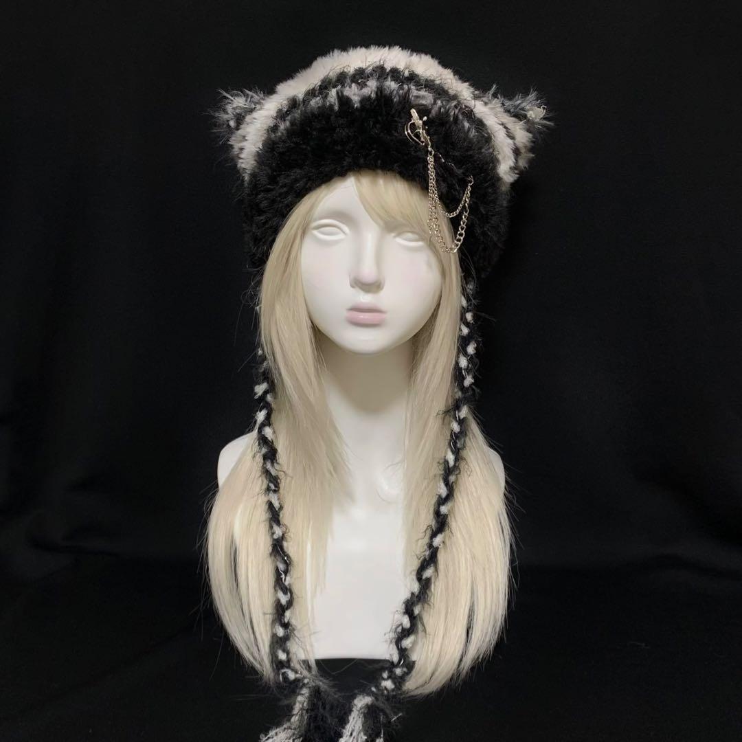 【Y】ボンネット バラクラバ ニット帽 編み物 ハンドメイド グランジ