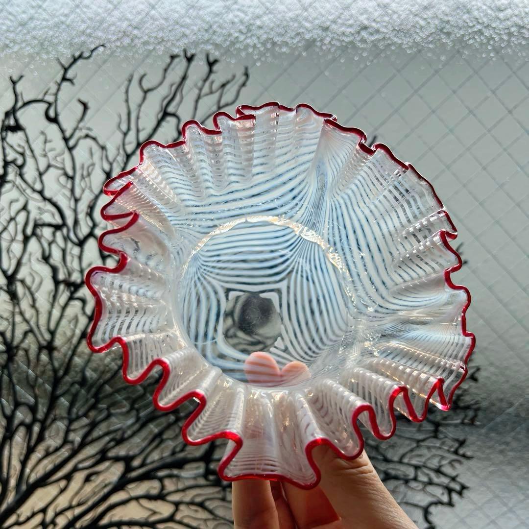 骨董　時代ガラス　超希少　金赤フチ　掻き揚げ模様　菓子器　氷鉢　ウランガラス