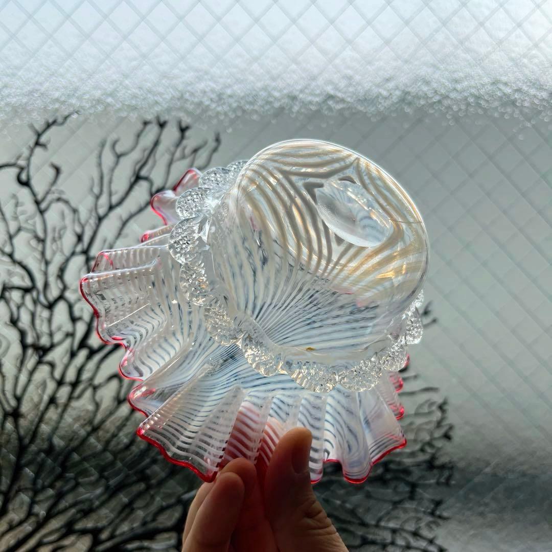 骨董　時代ガラス　超希少　金赤フチ　掻き揚げ模様　菓子器　氷鉢　ウランガラス