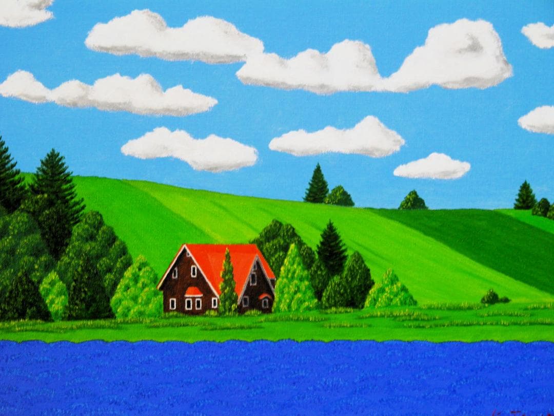 ★ラベンダー畑と赤い屋根の家・肉筆油彩画・F6キャンバス