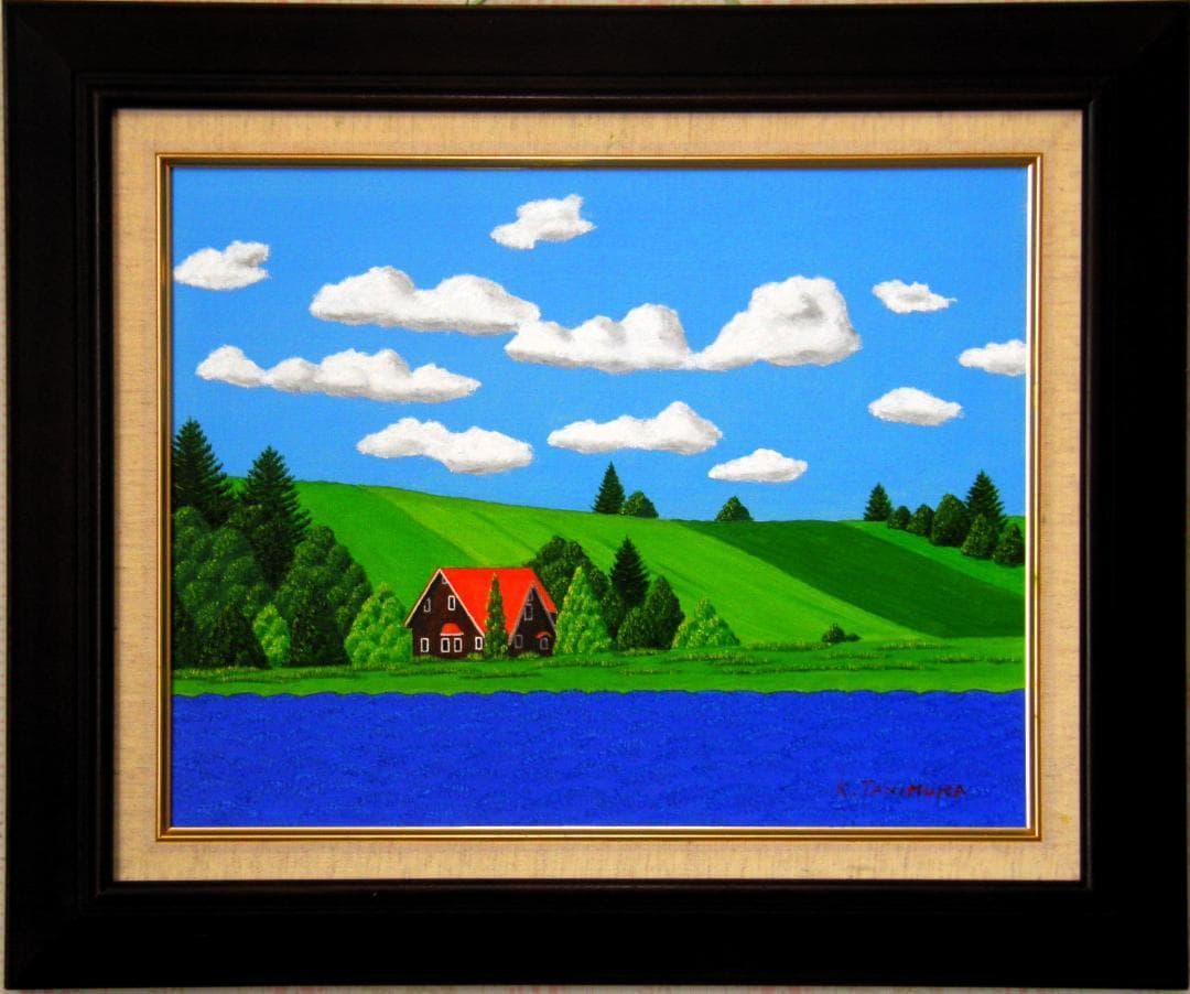 ★ラベンダー畑と赤い屋根の家・肉筆油彩画・F6キャンバス