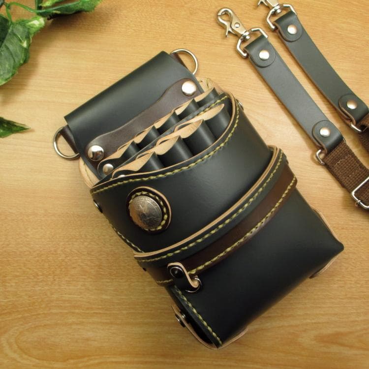 ダークグリーン＆焦げ茶　９丁　本革シザーケース　SCA-243/CGA