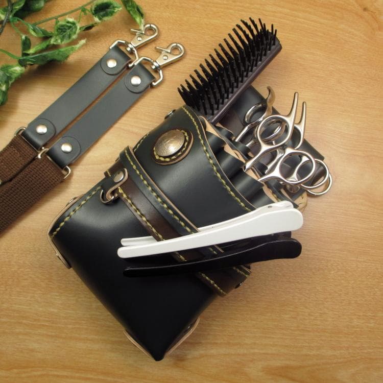 ダークグリーン＆焦げ茶　９丁　本革シザーケース　SCA-243/CGA