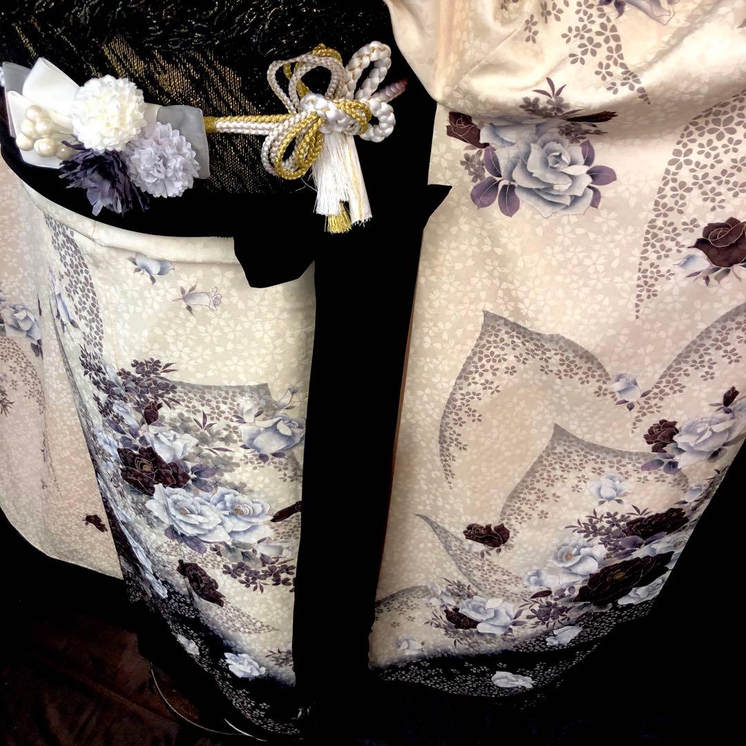 ■モノトーン系■白振袖■薔薇■正絹振袖フルセット■成人式■振袖一式