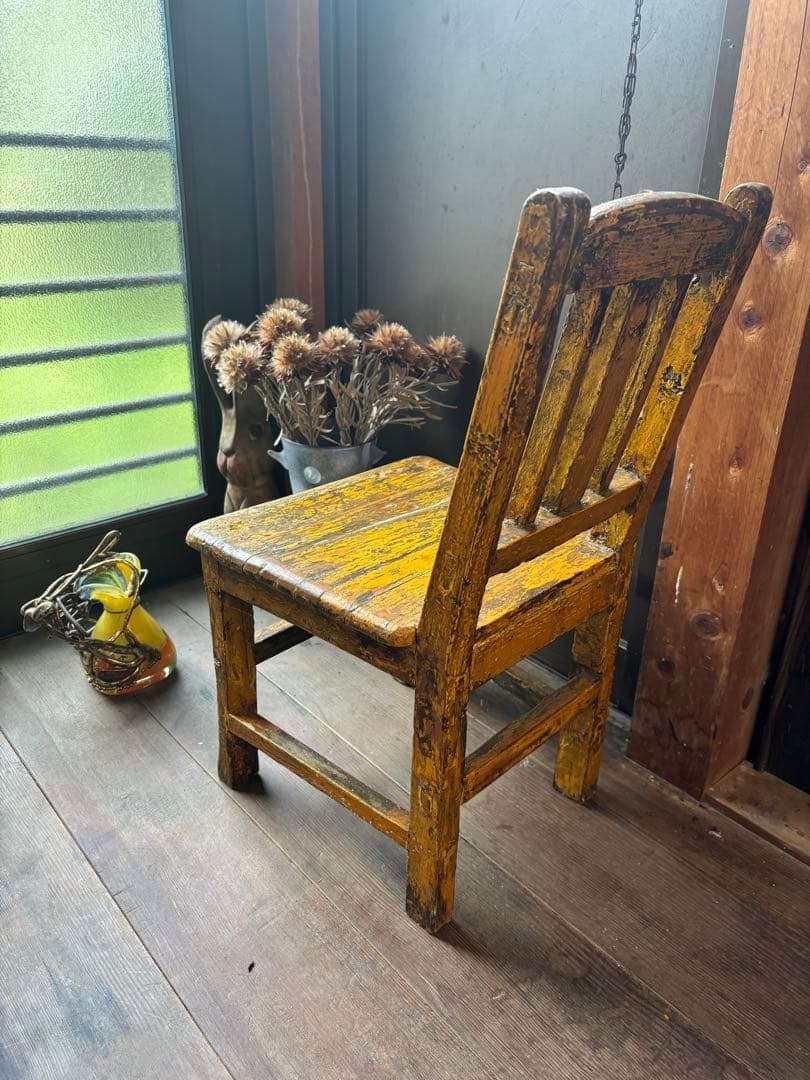 イタリア アンティーク 木製 キッズチェア イエロー シャビーシック