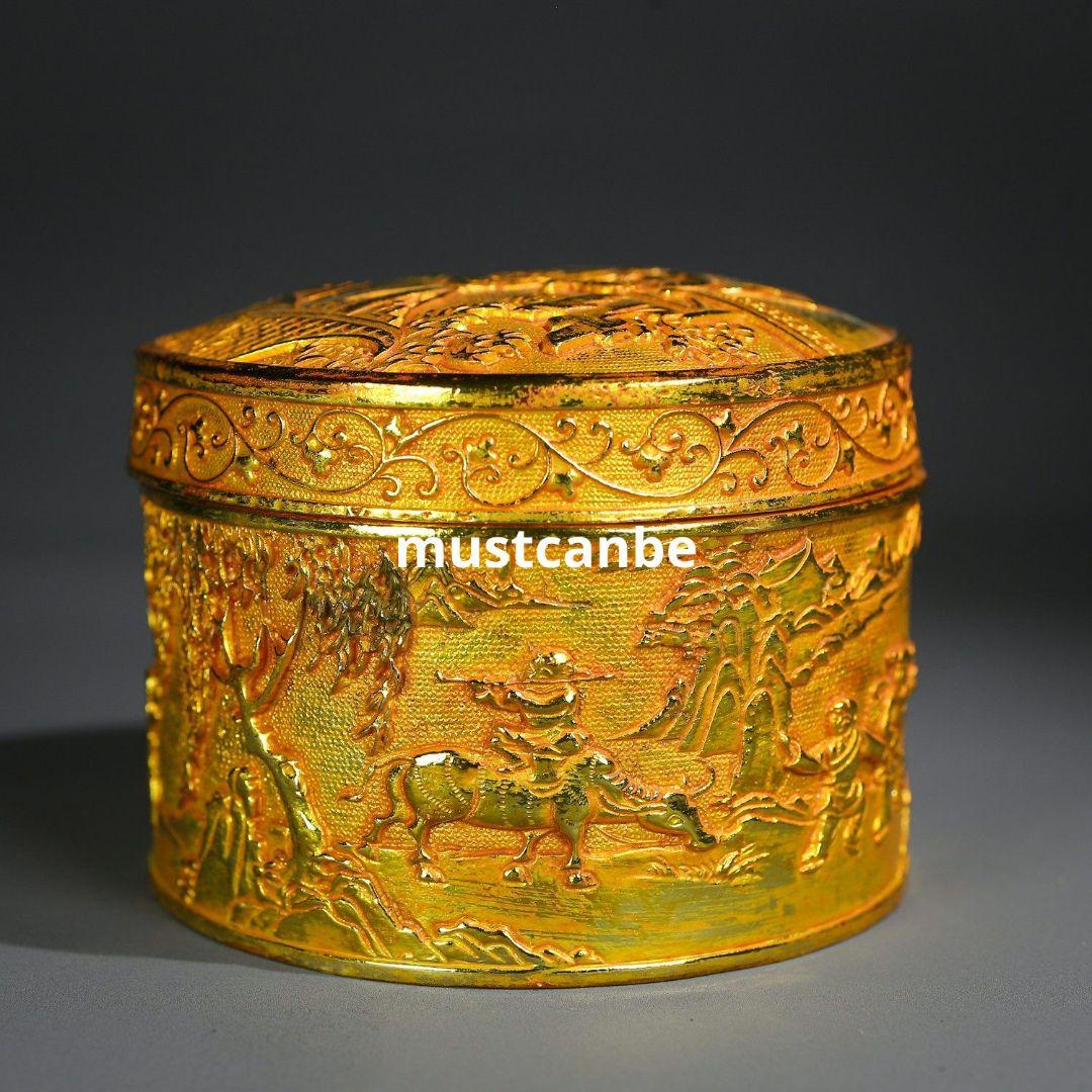 鏨刻百子図飾盒 粉函 墨盒 文房具 金属工芸品 置物