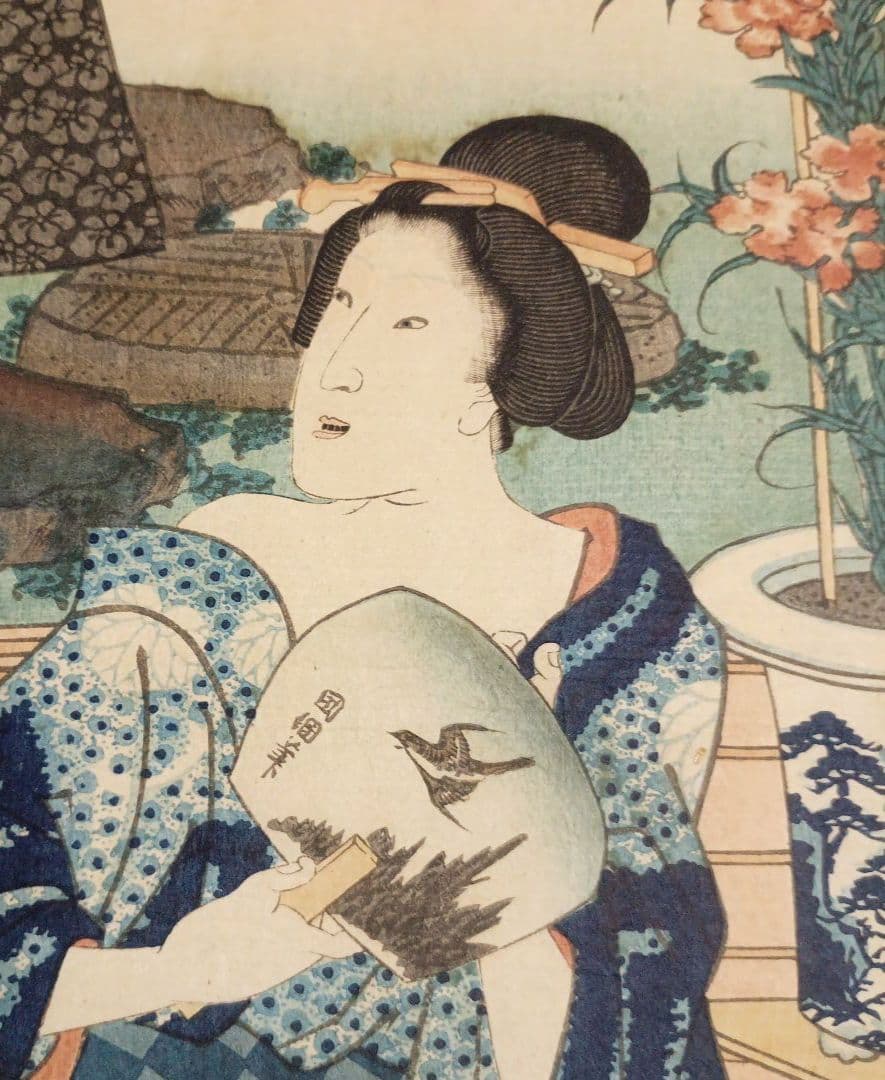 浮世絵版画、十二月の内水無月土用干三枚綴り真ん中1枚売り三代豊国画 有名スイカ絵