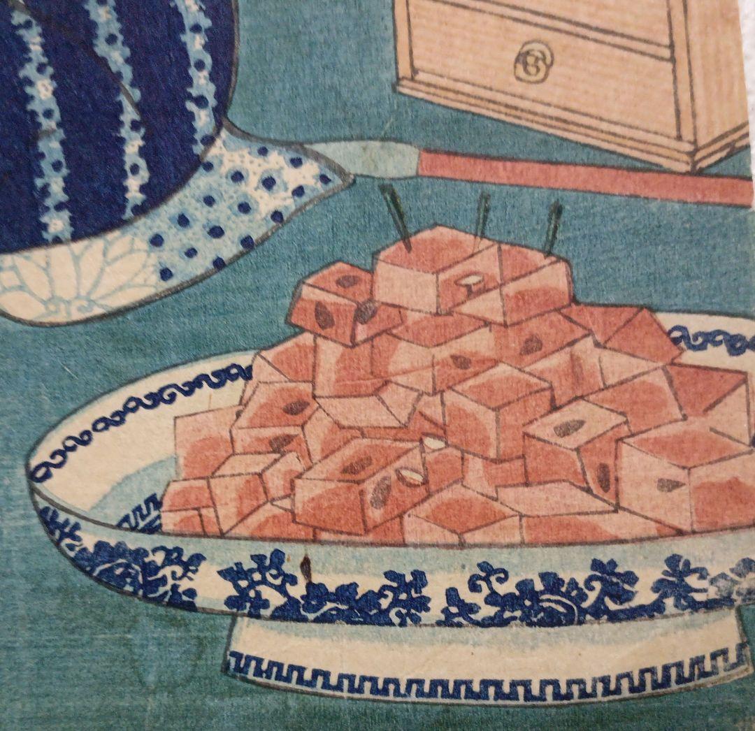 浮世絵版画、十二月の内水無月土用干三枚綴り真ん中1枚売り三代豊国画 有名スイカ絵