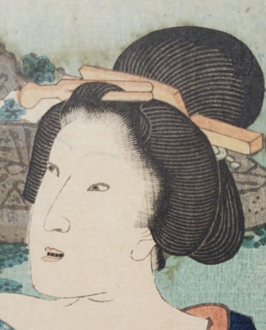 浮世絵版画、十二月の内水無月土用干三枚綴り真ん中1枚売り三代豊国画 有名スイカ絵