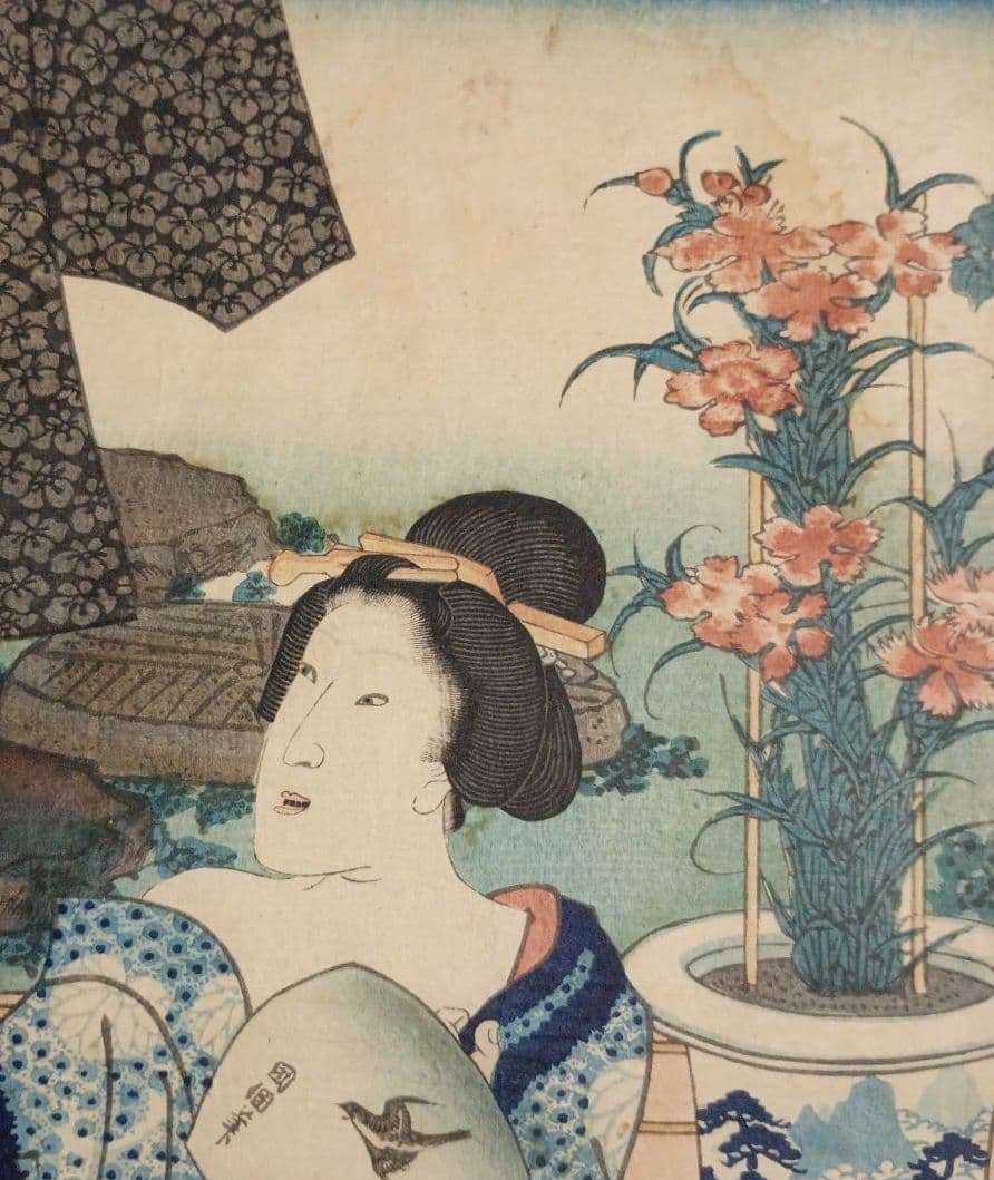 浮世絵版画、十二月の内水無月土用干三枚綴り真ん中1枚売り三代豊国画 有名スイカ絵