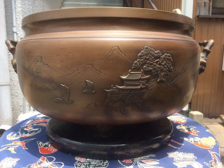 C3 茶道具・銅火鉢・火鉢・古銅・双耳 瓶掛・インテリア・アンティーク・古道具
