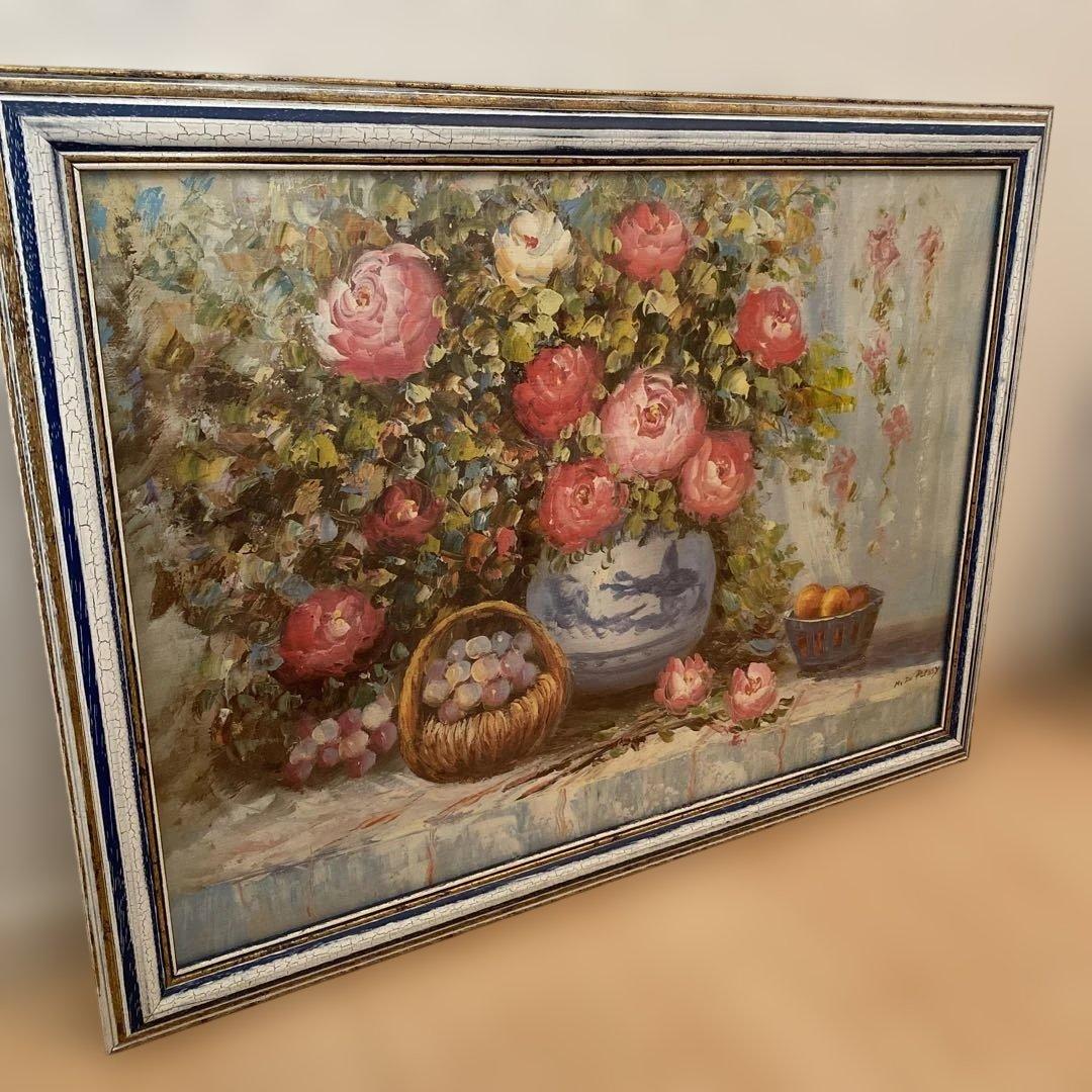 油絵 静物画 バラ 花瓶 フルーツ 60×80cm サイン入り 額縁付き