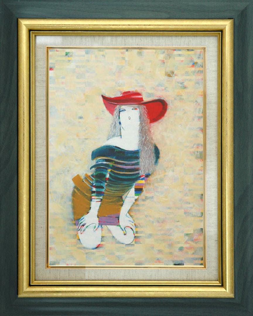 油絵 絵 絵画インテリア 額付(青緑＋金色の枠) F6-050213 人物女性像