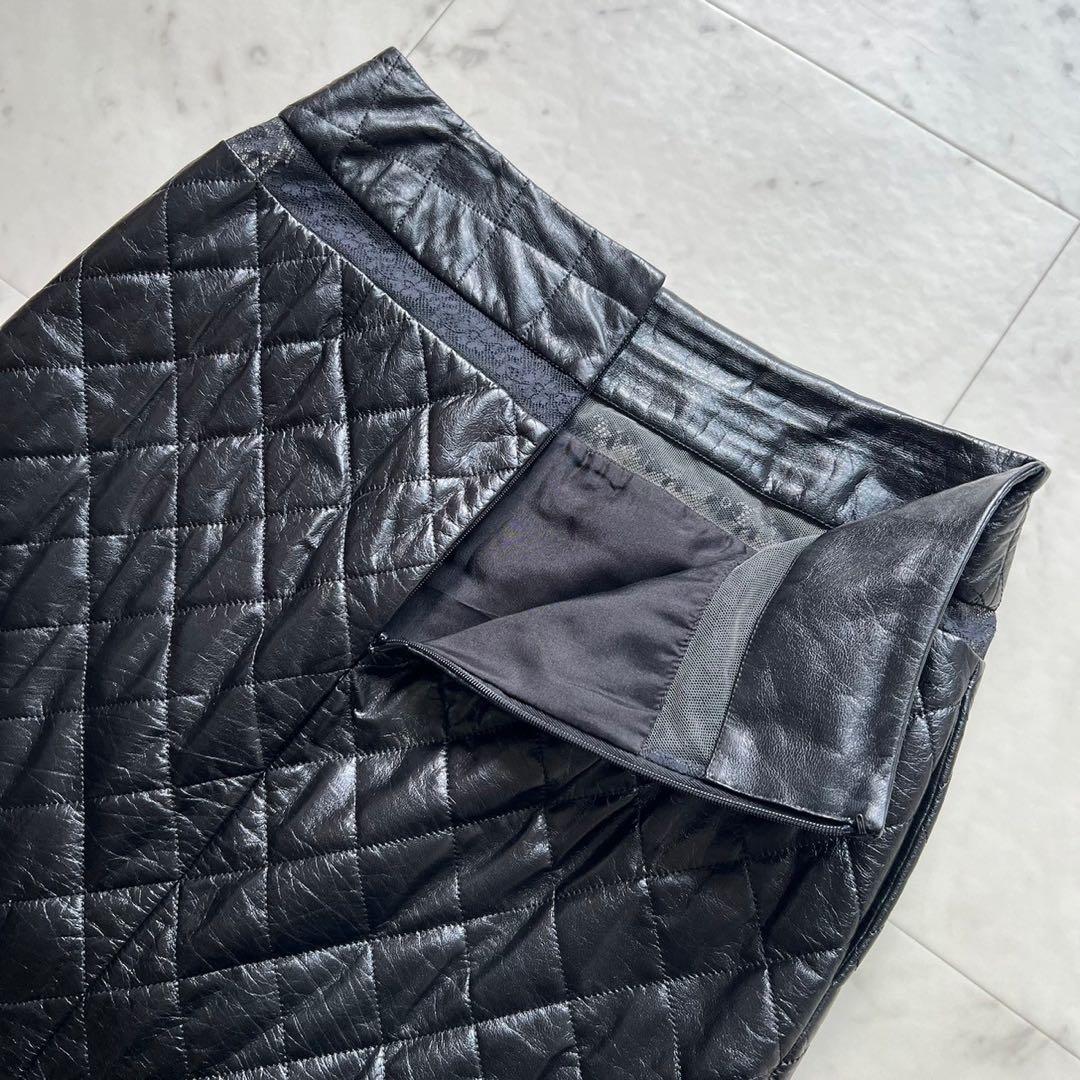 CHANEL 本革レザー マトラッセ 裾レース スカート ブラック 38