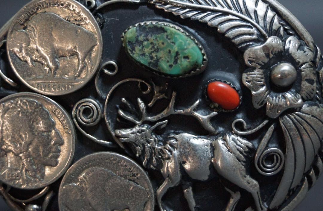 【激レア】ヴィンテージハンドクラフト ウエスタンバックルターコイズ赤サンゴ象嵌