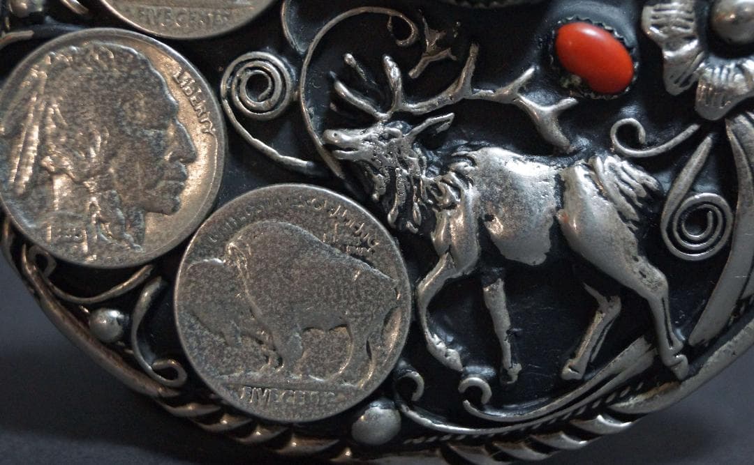 【激レア】ヴィンテージハンドクラフト ウエスタンバックルターコイズ赤サンゴ象嵌