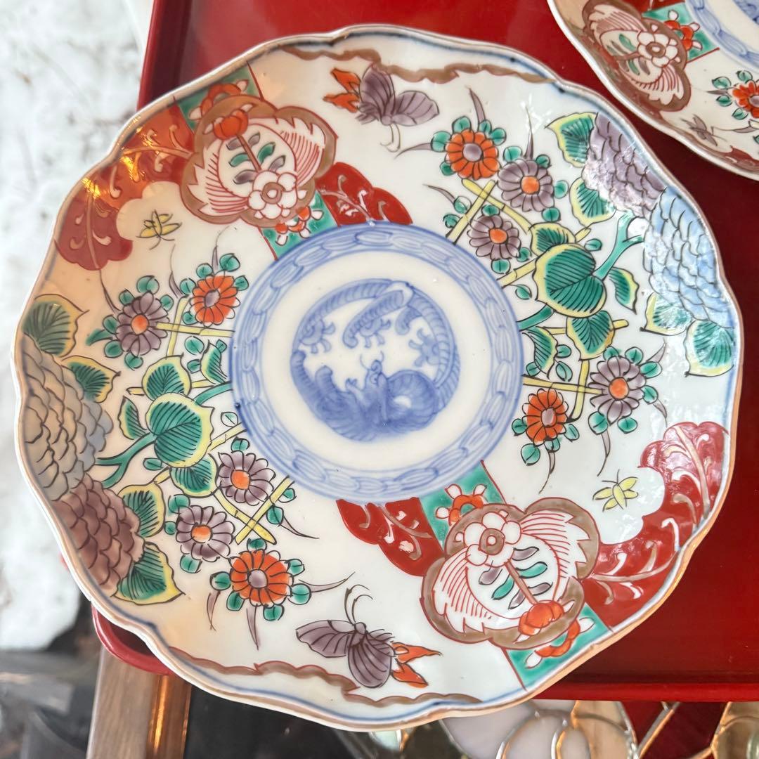 Aさまに感謝お嫁入り‼️渾身伊万里錦手　Dragon❌あじさい桐に蝶蜂菊7寸皿2客