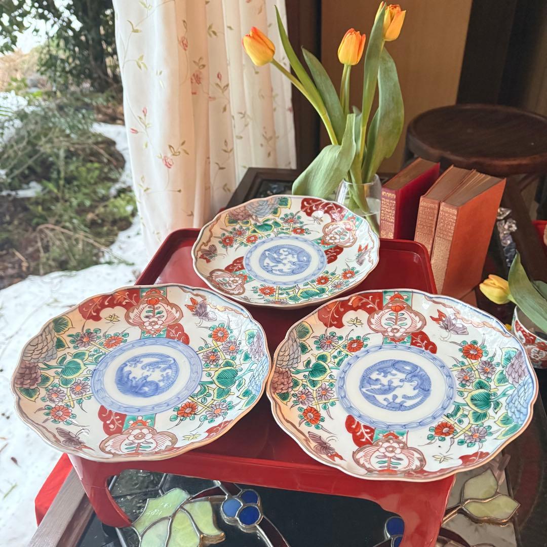 Aさまに感謝お嫁入り‼️渾身伊万里錦手　Dragon❌あじさい桐に蝶蜂菊7寸皿2客