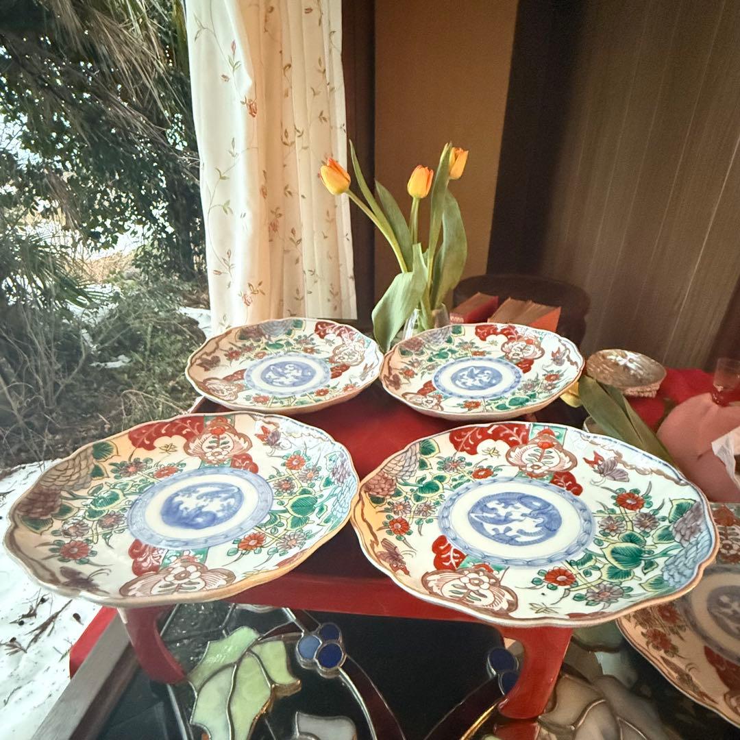 Aさまに感謝お嫁入り‼️渾身伊万里錦手　Dragon❌あじさい桐に蝶蜂菊7寸皿2客