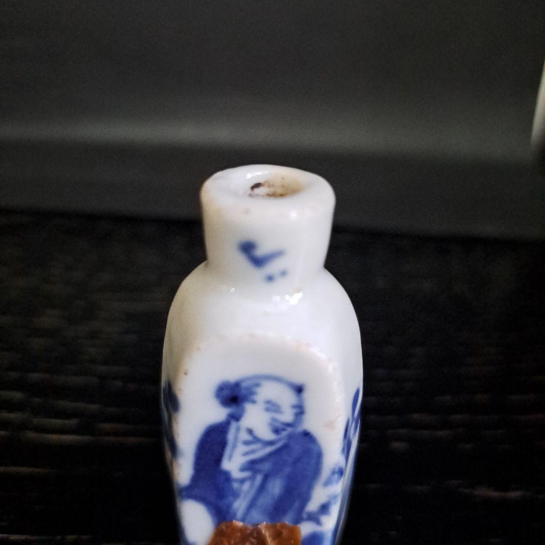 中国古玩　小品飾壺　極上　六角瓶　乾隆時代　　白磁人物図　染付青磁