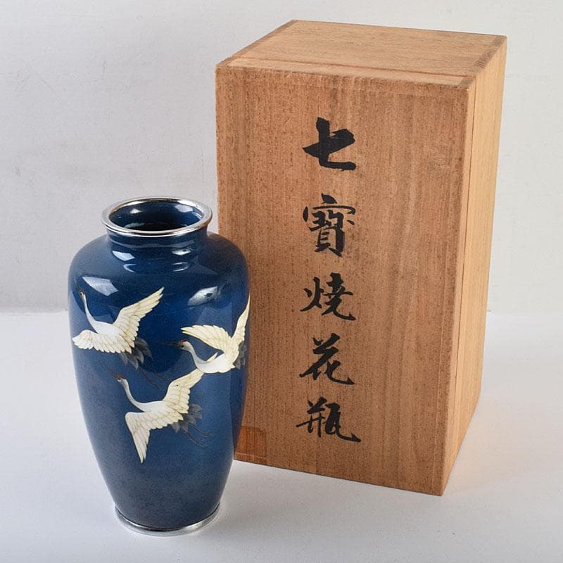 七宝焼　粂野締太郎造　鶴文　花瓶　共箱　M　R9266