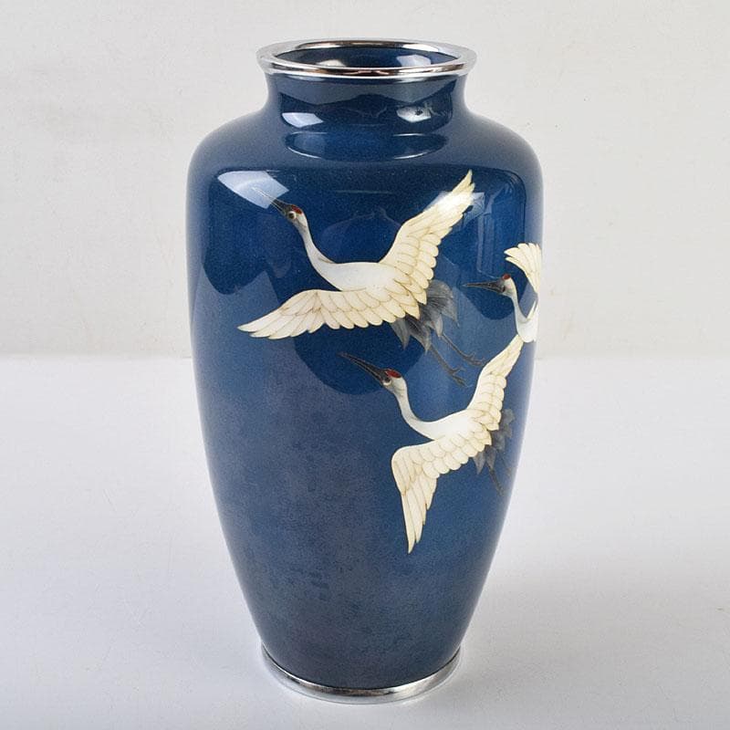 七宝焼　粂野締太郎造　鶴文　花瓶　共箱　M　R9266