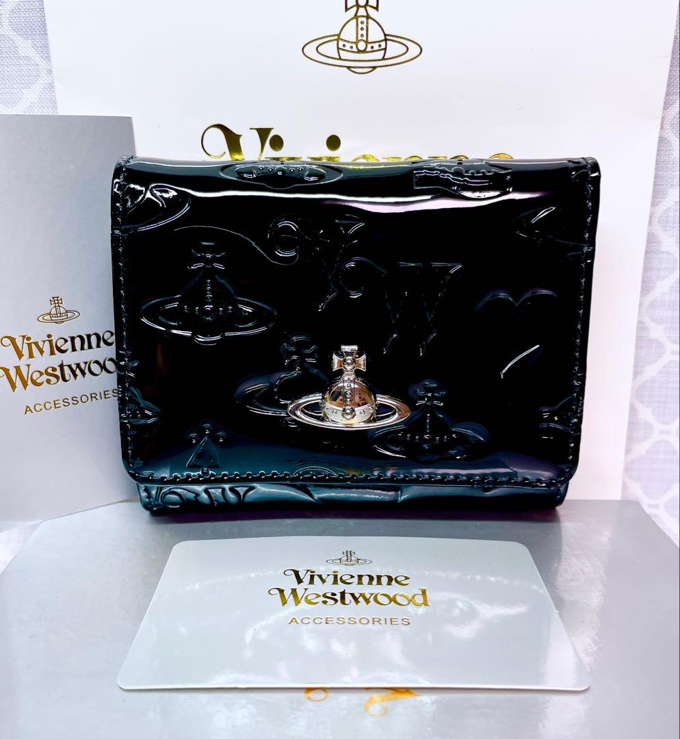 【内側に素敵な柄♡新作】Vivienne Westwood 折財布 エナメル黒