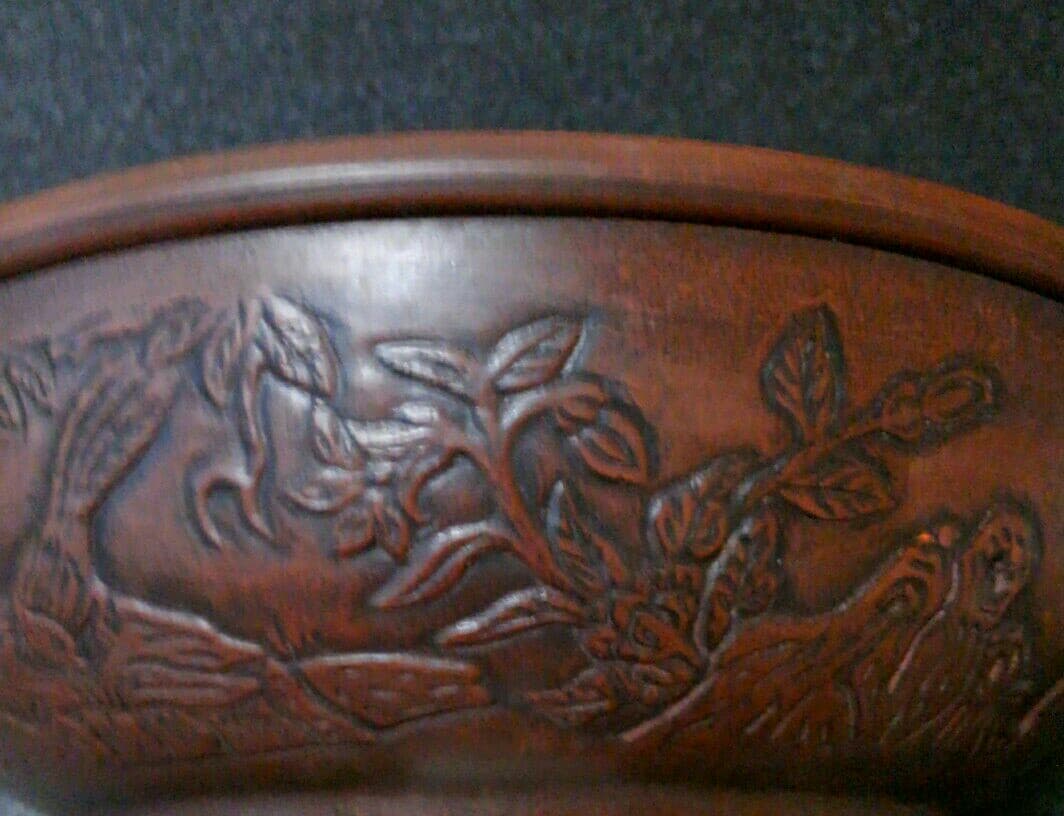 中国古陶磁器　清代　朱泥　漢詩　陽刻　浮彫　山水に花鳥図　鉢　筆洗　秀作