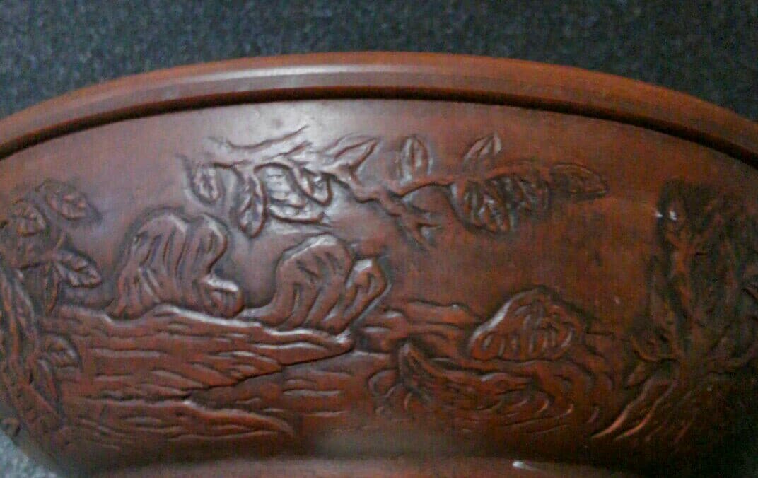 中国古陶磁器　清代　朱泥　漢詩　陽刻　浮彫　山水に花鳥図　鉢　筆洗　秀作