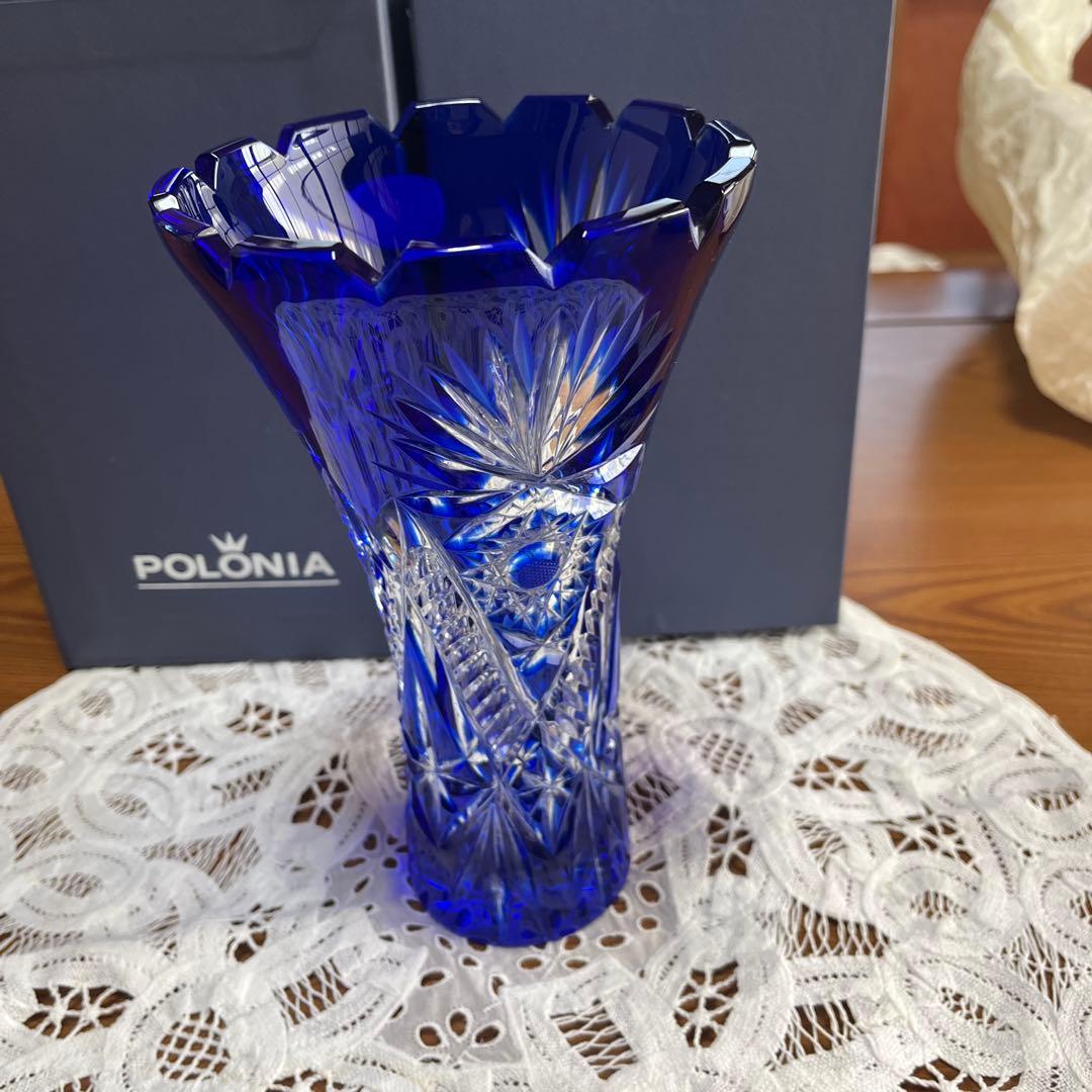 POLONIA カットガラス 花瓶 青　箱つき