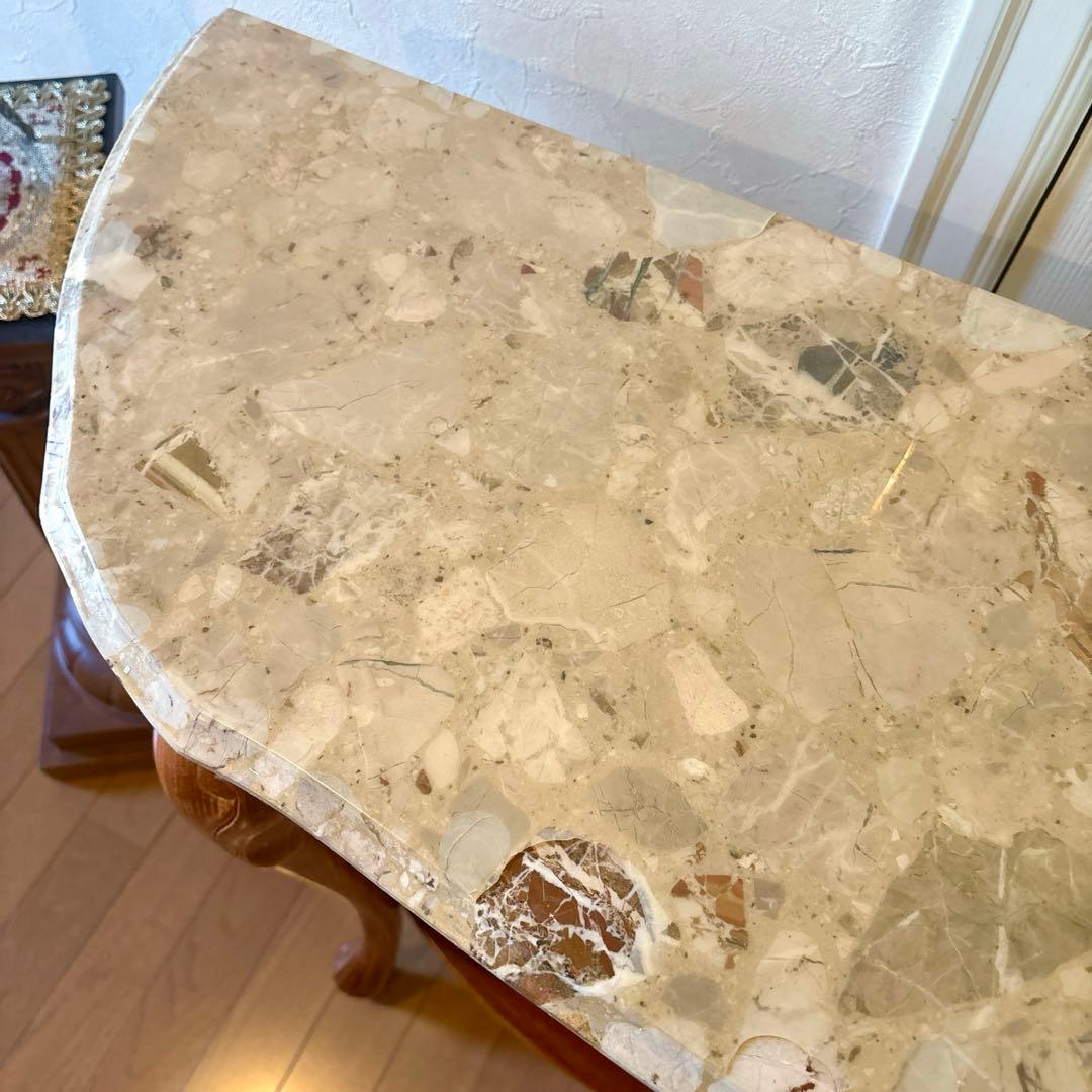 イタリア製 大理石 猫足コンソールテーブル、天使置物、真鍮コンポート、新品レース