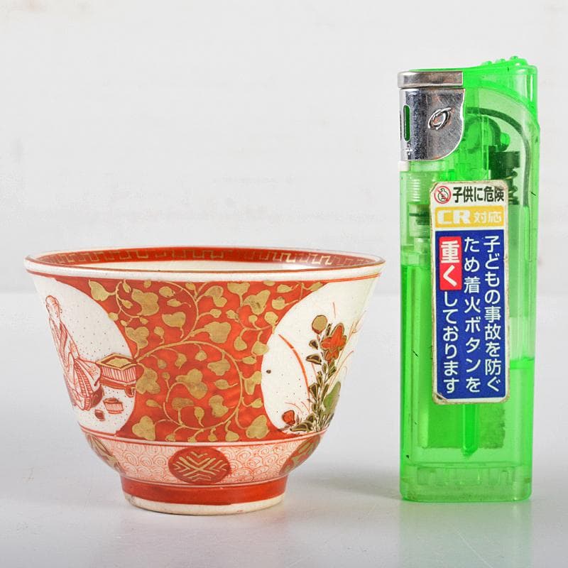 九谷焼　古九谷焼　赤絵金彩　山水人物花文　煎茶碗　五客　時代箱付　F　R5469