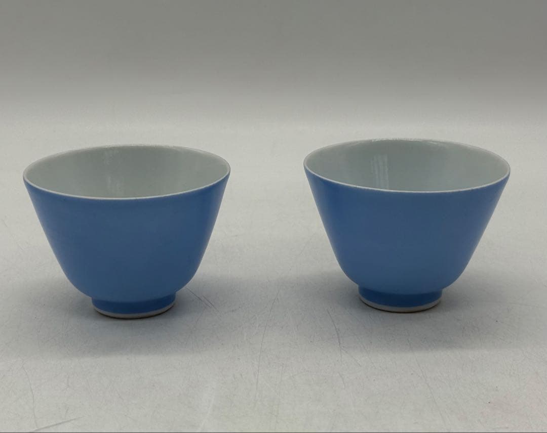 江戸　古清水　水色釉小杯ペア　亀水作　高級茶器　殻手　瑠璃釉　送料込み0819