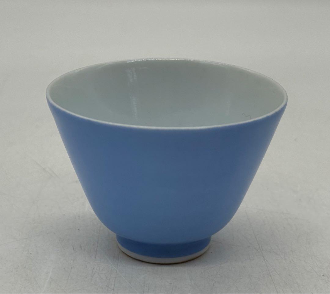 江戸　古清水　水色釉小杯ペア　亀水作　高級茶器　殻手　瑠璃釉　送料込み0819