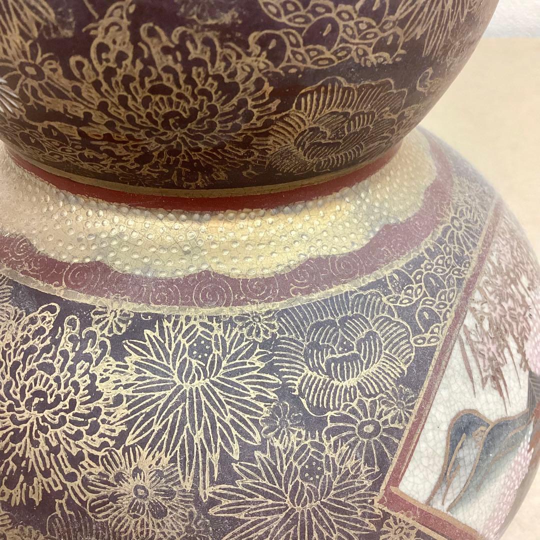 薩摩焼 連山 瓢箪型 金蘭手花尽文扇面花鳥風景図 飾り壺 高さ32cm