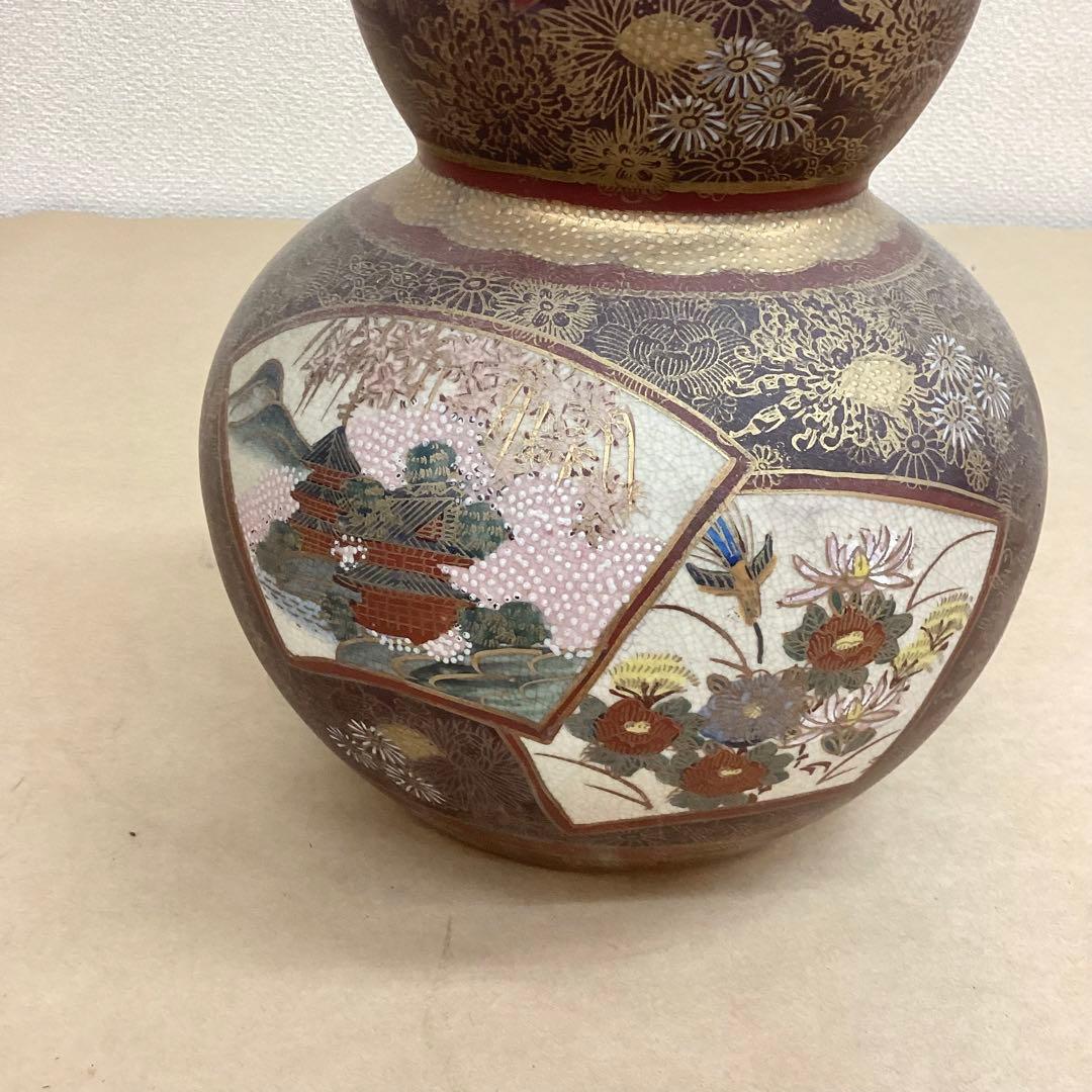 薩摩焼 連山 瓢箪型 金蘭手花尽文扇面花鳥風景図 飾り壺 高さ32cm