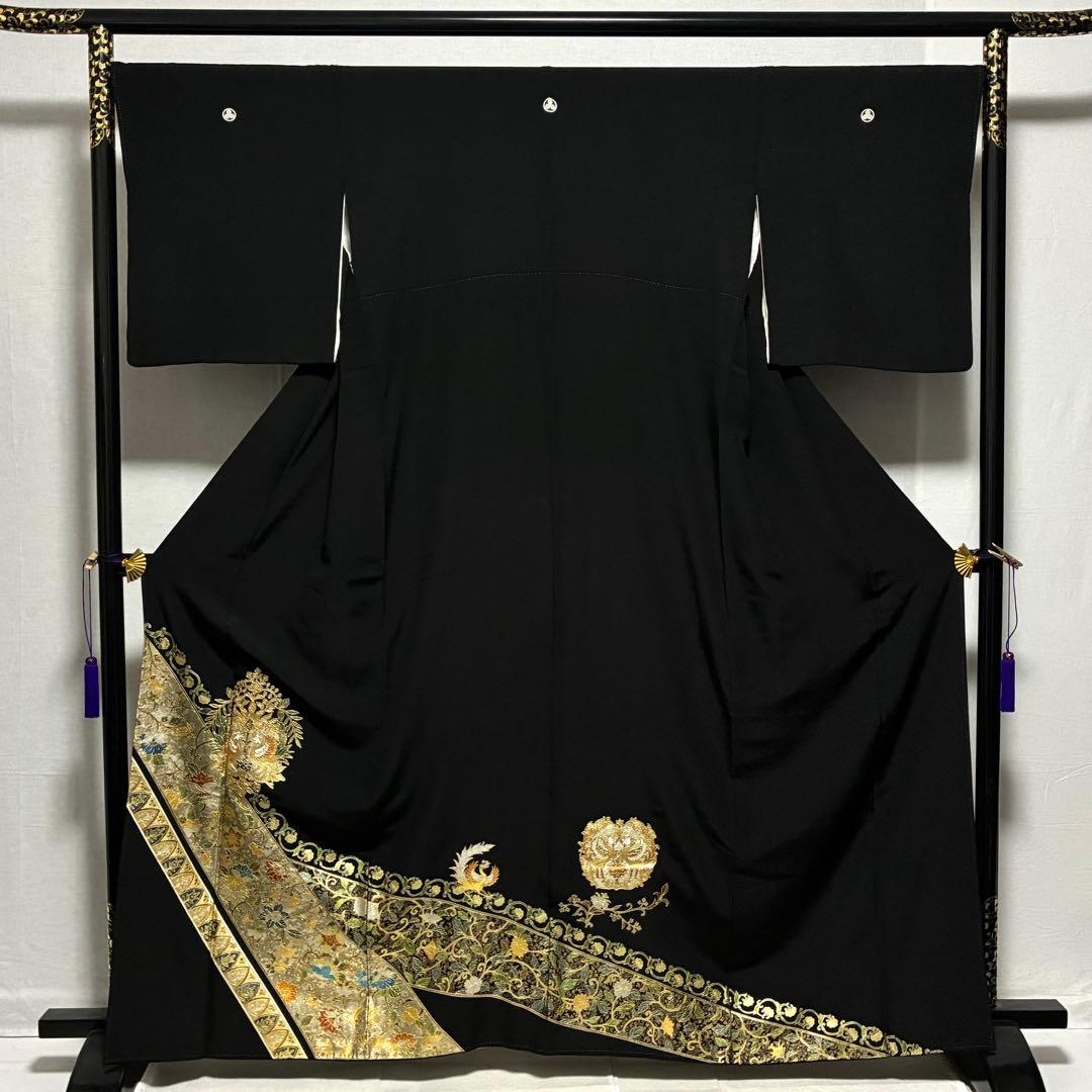 D7 黒留袖 鳳凰 唐草 金箔 正絹 着物 袷 極美品