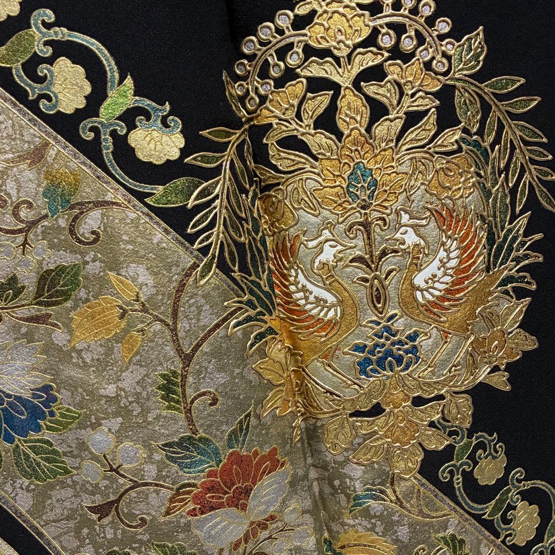 D7 黒留袖 鳳凰 唐草 金箔 正絹 着物 袷 極美品