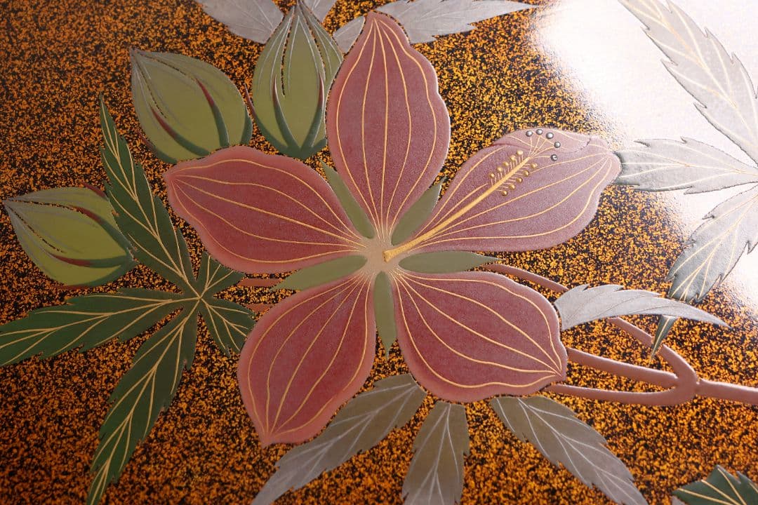 輪島塗 木製 花の蒔絵 梨地 四方膳 五客 芙蓉 木槿 卓上 茶懐石【CM187