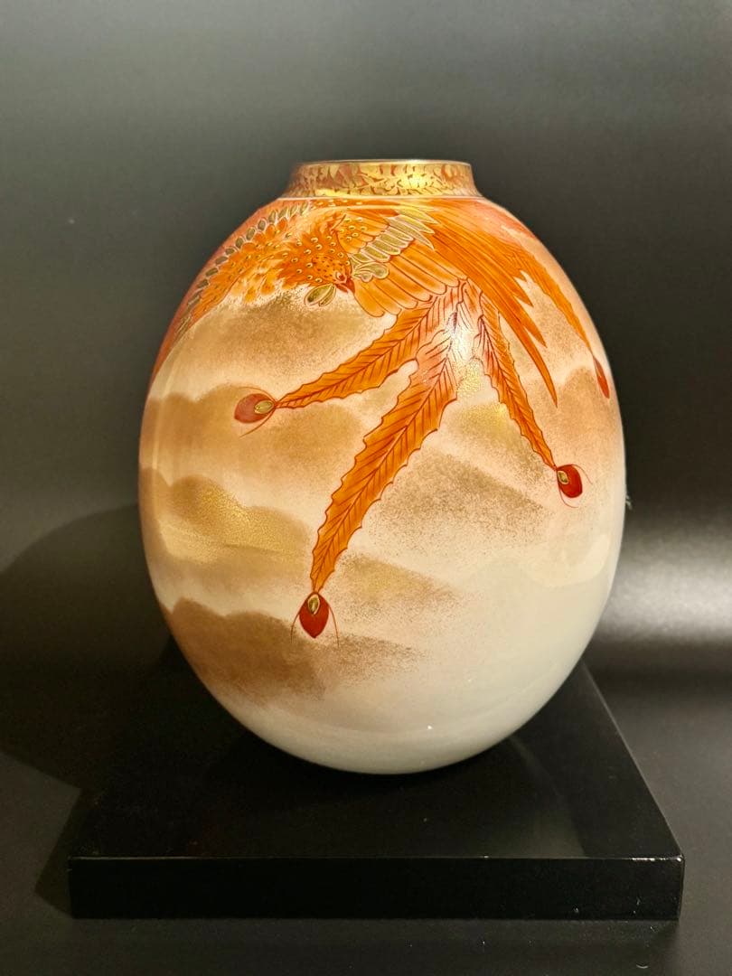 【美品】九谷焼 伝統工芸士 福田良則作『金彩赤絵鳳凰紋』花瓶 壺 昇竜窯