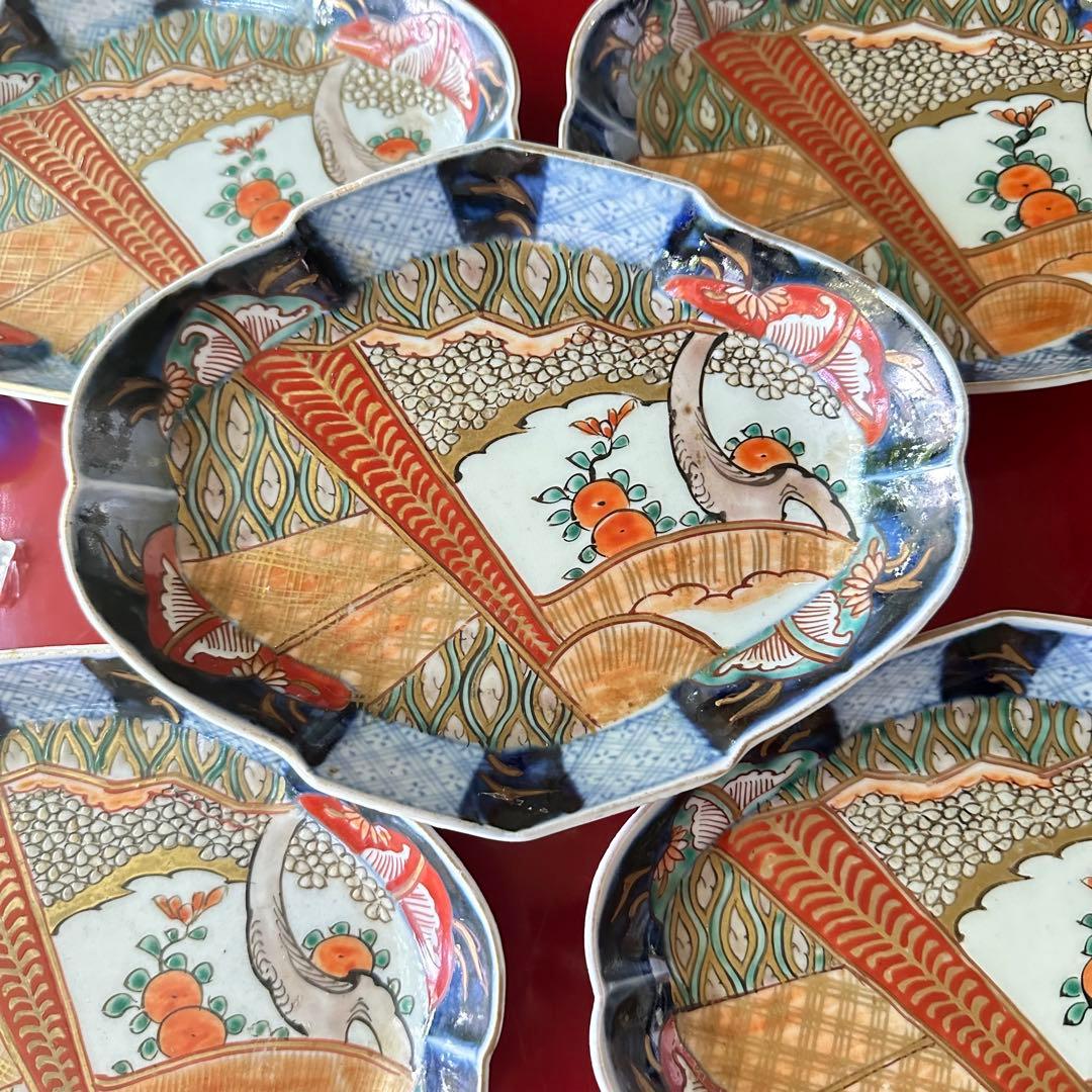 S様へ感謝お嫁入り‼️四季に麗し‼️伊万里錦手若松＆橙＆ふきよせ　兜菱形刺身皿 5客