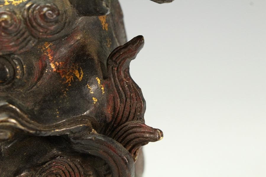 色絵銅 親子獅子 置物 24.5cmx14cm 時代物(K-XA771)