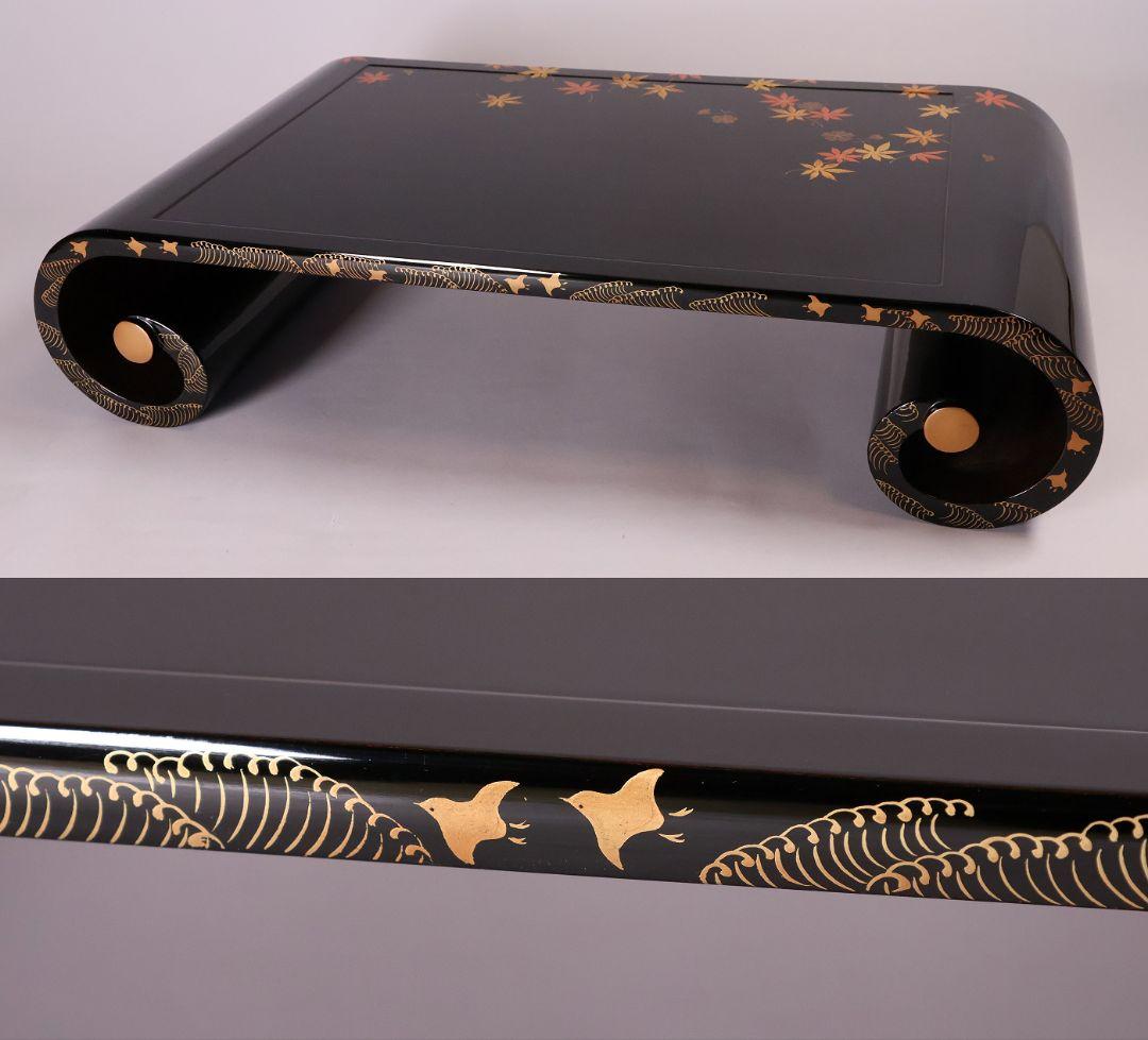 漆芸 紅葉桜 波千鳥 蒔絵 巻足 平卓 花台 黒塗 梨地 木製 楓【MA939】