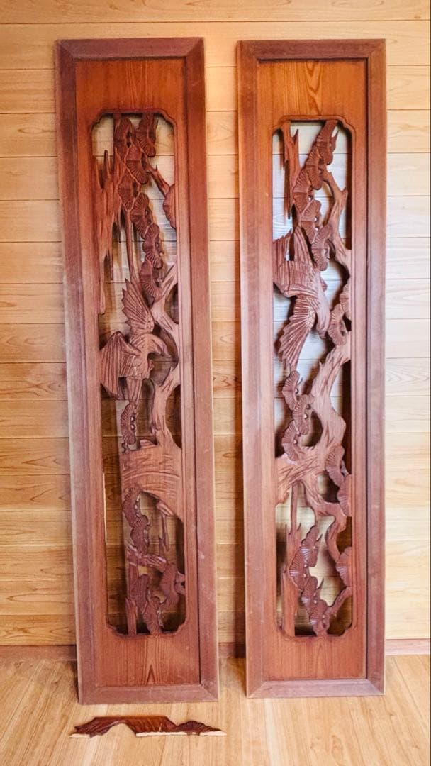 欄間 2枚組 木彫り 松と鷹