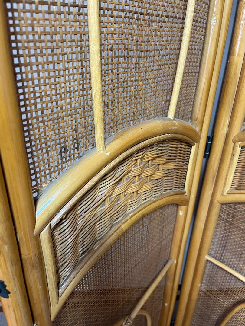 ラタン 4連 パーテーション 衝立 間仕切り ヴィンテージ 昭和レトロ