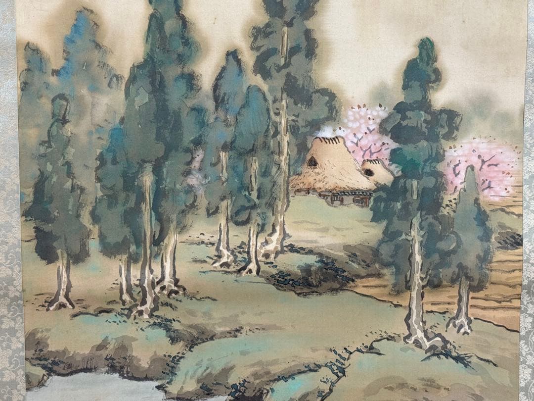 尾竹越堂筆　絹本肉筆　春景山水　共箱　掛軸　送料込み250622