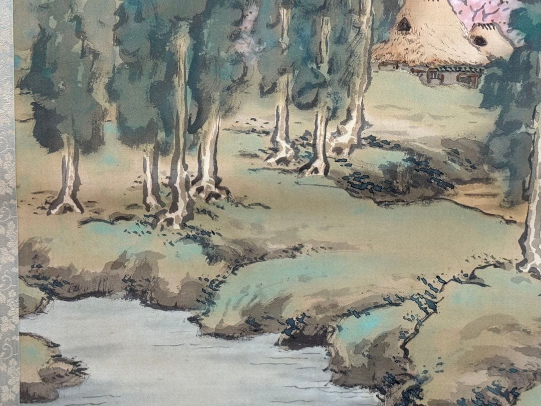 尾竹越堂筆　絹本肉筆　春景山水　共箱　掛軸　送料込み250622