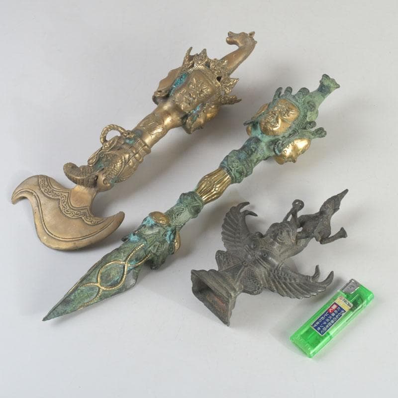 チベット密教法具　古銅鍍金　馬頭観音　金剛杵　独鈷杵など　3点　C　9240